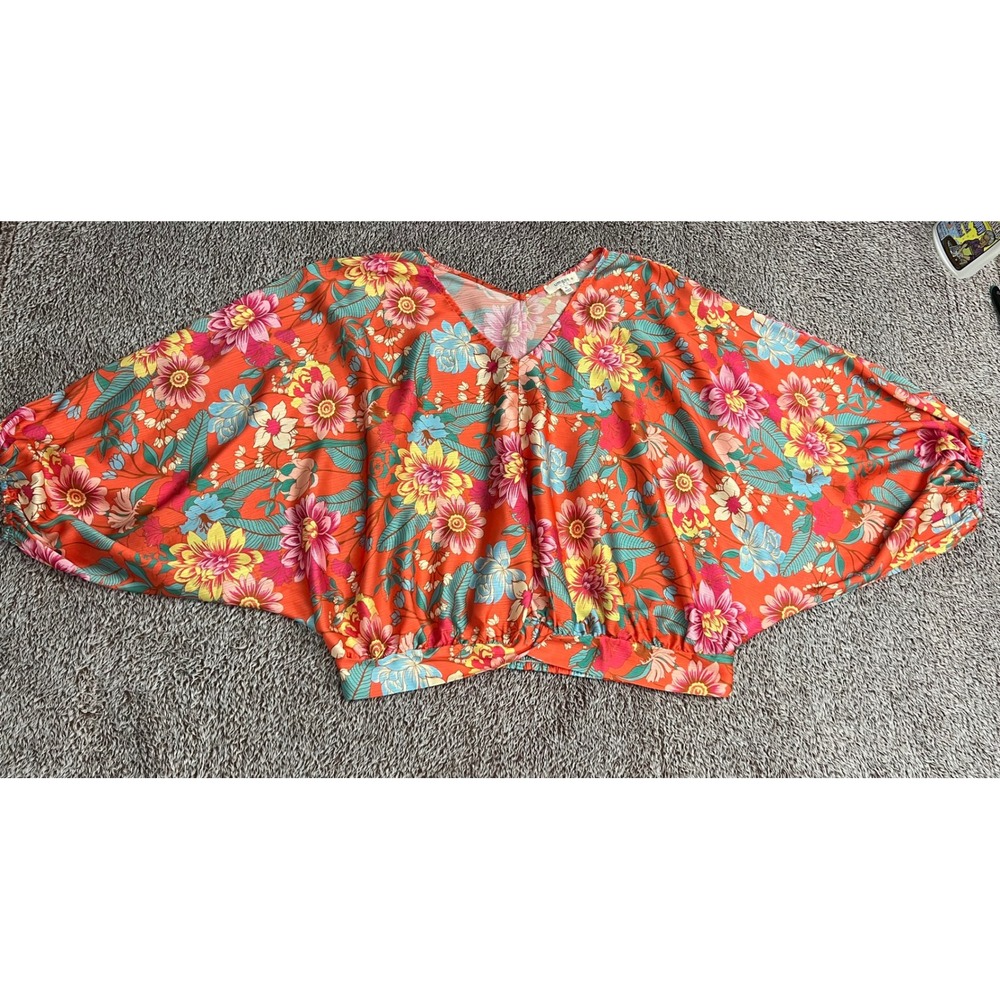 Umgee Womens XL Orange Tropical Floral Batwing Dolman Blouse Boho Resort Top